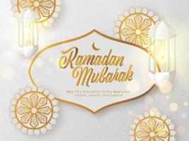 islámico santo mes de Ramadán Mubarak concepto con elegante texto y Exquisito floral modelo en blanco antecedentes. vector