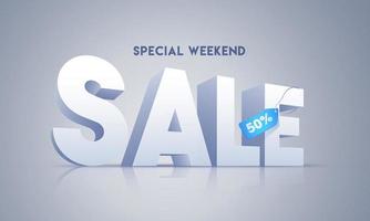 3D Sale Text with Discount Tag on Glossy Grey Background for Special Weekend. Advertising Banner Design. vector