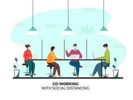 Coworking People Discuss At Workplace While Keep Distance With Wear Protective Mask To Prevent From Coronavirus. vector