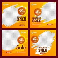 Biggest and Exclusive Sale Poster Design Set with Discount Offer and Space for Product Image on Orange Brush Stroke Background. vector