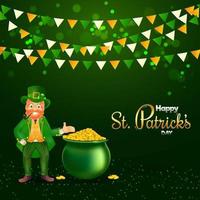 Smoker Leprechaun Man Showing Golden Coins Pot and Bunting Flag Decorated on Green Lights Effect Background for Happy St. Patrick's Day. vector