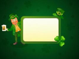 Cheerful Leprechaun Man Holding Beer Mug With Shamrock Leaf And Empty Frame Given For Message On Green Background. vector