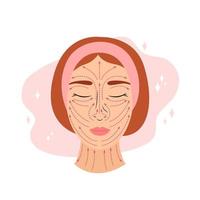 Facial massage lines. Vector illustration. Rules of anti-ageing face massage infographic. Head of young woman and dotted arrows. Lifting sculpt techniques