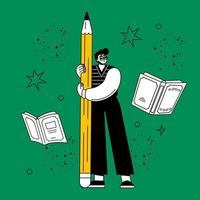 A flat student stands and holds a pencil. Men study and write. The guy is an artist, illustrator, books vector