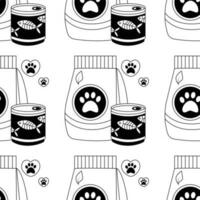 Pattern with a set of food for animals, cats, dogs, canned food, fish, pet care. vector