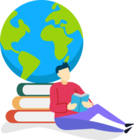 man sitting reading book with book background and globe illustration. reading book concept. world book day png