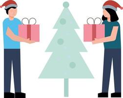 Boy and girl standing near Christmas tree with presents. vector