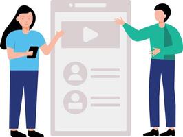 Girl and boy watching video on mobile. vector