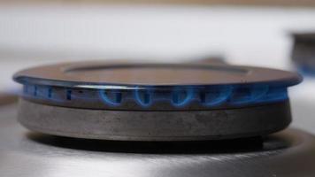 azul fuego de natural gas en gas estufa en el cocina. video