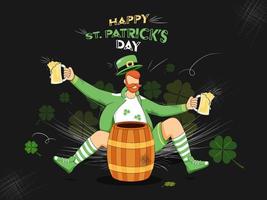 Cartoon Leprechaun Man holding Beer Mugs in Sitting Pose with Barrel and Shamrock Leaves on Abstract Black Background for Happy St. Patrick's Day. vector