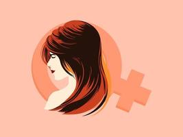 Beautiful Young Woman Face On Venus Symbol And Pastel Red Background. Happy Women's Day Concept. vector