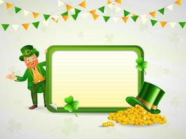 Happiness Leprechaun Man holding Empty Rectangle Frame with Hat, Shamrock Leaves and Golden Coins on Background. vector