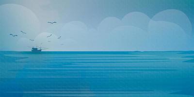 marina con pescar barco seguido por gaviotas a horizonte vector ilustración acuarelas estilo en papel texturizado Oceano con cielo y nubes antecedentes.