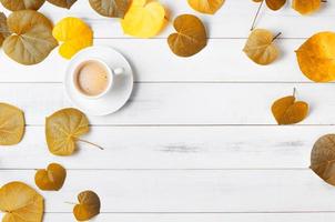 hot coffee with heart shaped autumn leaf photo