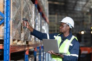 Head of worker in an auto parts warehouse, Examine auto parts that are ready to be shipped to the automobile assembly factory. photo