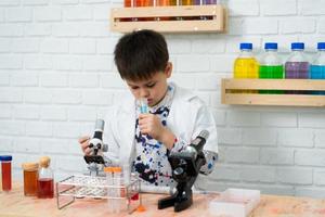 Little boy in science classroom It is the basis for the process of systematic thinking, reasoning, observation, data collection. as well as analysis for processing photo