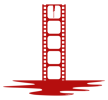 silhouet van de bloederig filmstrip teken voor film icoon symbool met genre verschrikking, thriller, bloed, sadistisch, spatten, slasher, mysterie, eng of halloween poster film film. formaat PNG