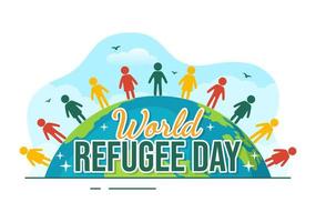 mundo refugiado día en 20 junio vector ilustración con inmigración familia y su niños caminando buscar hogar en mano dibujado cable cerca plantillas