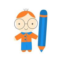 Flat vector cartoon student boy character wearing glasses holding big pencil. Back to school