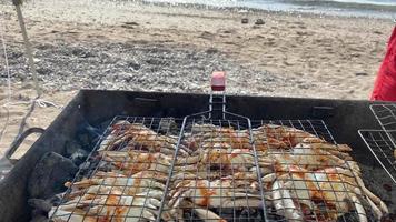 lado ver Fresco cangrejos cocido en barbacoa parrilla utilizando bobina con playa panorama en Omán. gurmán plato preparación video