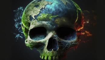 The concept of Saving the Planet. Earth Day. We there is no planet B. A filthy, carbon monoxide-addled, skull-shaped planet earth. AI Generation photo