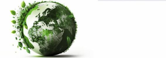 mundo tierra día concepto. ilustración de el verde planeta tierra en un blanco antecedentes. tierra día póster, bandera, tarjeta, abril 22, ahorro el planeta, ambiente, planeta tierra, generar ai foto