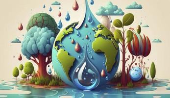 concept of ecology and world water day .Cartoon art, world earth day poster, banner, card,  APRIL 22, Saving the planet, environment,  Planet Earth, Generate Ai photo