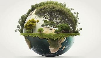 planeta tierra con verde árbol en blanco fondo, mundo tierra día póster, bandera, tarjeta, abril 22, ahorro el planeta, ambiente, planeta tierra, generar ai foto