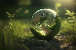 World environment and earth day concept with glass globe and eco friendly environment,  world earth day poster, banner, card,  APRIL 22, Saving the planet, environment,  Planet Earth, Generate Ai photo