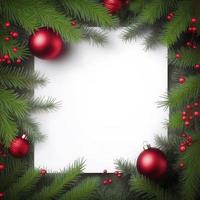 Fir tree branches with red christmas balls frame stock photo Christmas, generate ai