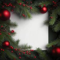 Fir tree branches with red christmas balls frame stock photo Christmas, generate ai