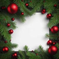 Fir tree branches with red christmas balls frame stock photo Christmas, generate ai