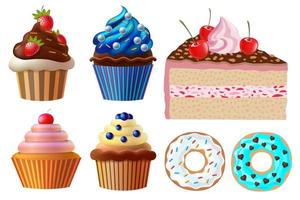 cakes, cupcakes, donuts illustrations collection. Sweets, dessert designs, sweets colorful illustrations. vector