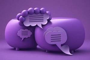 3D Speech bubble messages. Social media communication concept. Bell notification. Chat box in social network and messenger. Cartoon creative design icon isolated on purple background. 3D Rendering photo