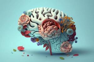 Human brain with flowers, self care and mental health concept, positive thinking, creative mind photo