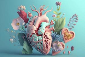 Human heart with flowers, love and emotion concept, good hearted person, help and charity photo