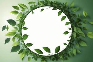 Empty white summer and spring nature background with fresh green leaves and circle frame, generate ai photo