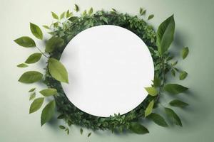 Empty white summer and spring nature background with fresh green leaves and circle frame, generate ai photo