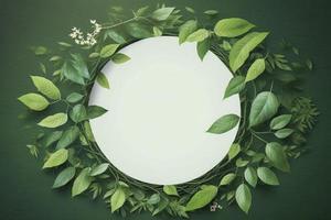 Empty white summer and spring nature background with fresh green leaves and circle frame, generate ai photo