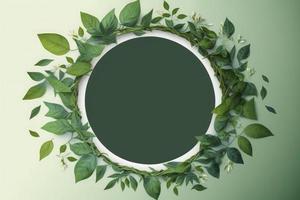 Empty white summer and spring nature background with fresh green leaves and circle frame, generate ai photo