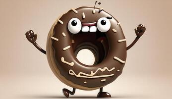 Funny chocolate donut cartoon character. . photo