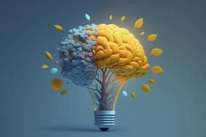 Human brain on tree with flowers concepts of yellow light on blue background photo