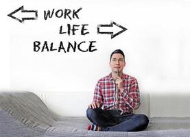 The words work life balance written on a wall, with arrows pointing in opposite directions, and a contemplating man sitting on a couch looking at them photo