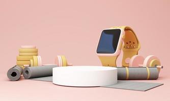 illustration smart watch. sport fitness equipment, podium product stand, yoga mat, bottle of water, dumbbells, weights, with Fitness shoes and isolate on pastel background. 3d rendering Be Healthy. photo