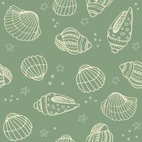 Vector seamless pattern with hand drawn scallop seashells, sea elements and stars. Beautiful marine design, perfect for prints and patterns, textile, fabric, children background