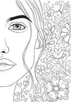 Hand drawing coloring for kids and adults. Beautiful drawings with patterns and small details. Coloring picture with beautiful girl face, flowers and tropical leaves. Vector