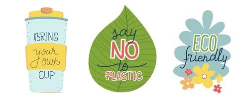 Bring your own cup. Say no to plastic. Ecology friendly shopping. Coffee takeaway, zero waste concept. Stickers vector