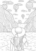 Hand drawing coloring page for kids and adults. Wild nature, sea, mountains, air balloons and beautiful girl. Romantic beautiful drawing with patterns and small details. Coloring pictures. Vector