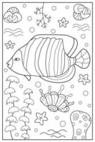 Underwater life in the sea, ocean. Hand drawn coloring for kids and adults. Beautiful simple drawings with patterns. Coloring book pictures with fish. Vector