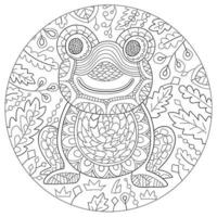 Hand drawn round shape coloring page for kids and adults. Beautiful drawings with patterns and small details. Coloring book with frog, tree branch, leaves. Vector